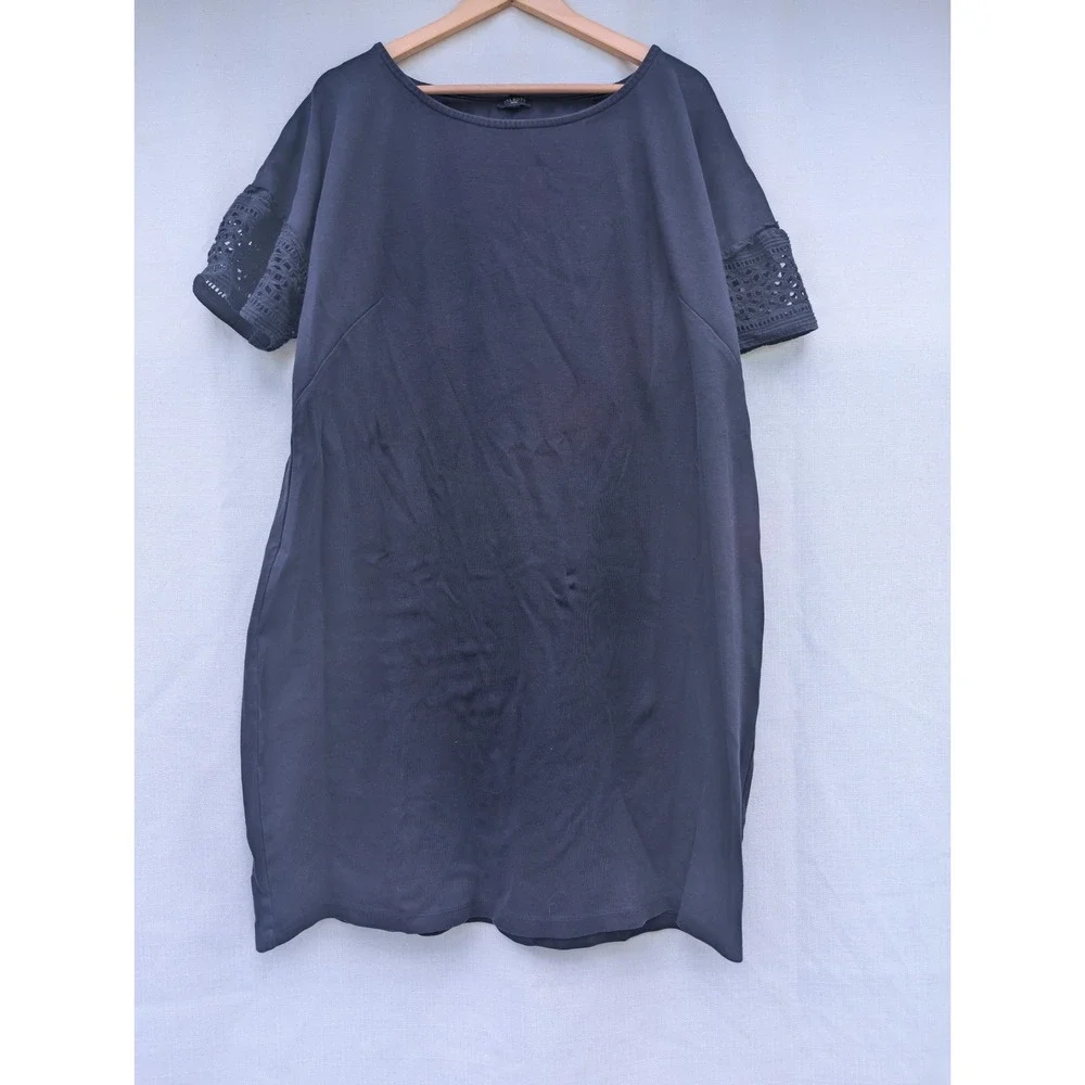 TALBOTS Shift T Shirt Dress Womens 2X Navy Blue Cotton Eyelet Crochet Sleeve‎